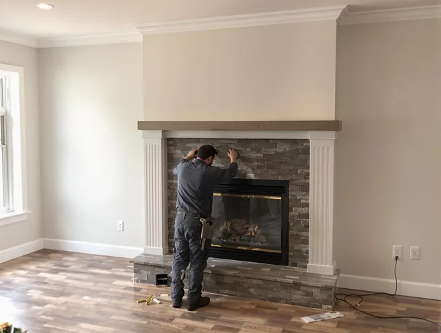 Wellington Chimney Sweep finishing a custom fireplace install in Wellington, FL